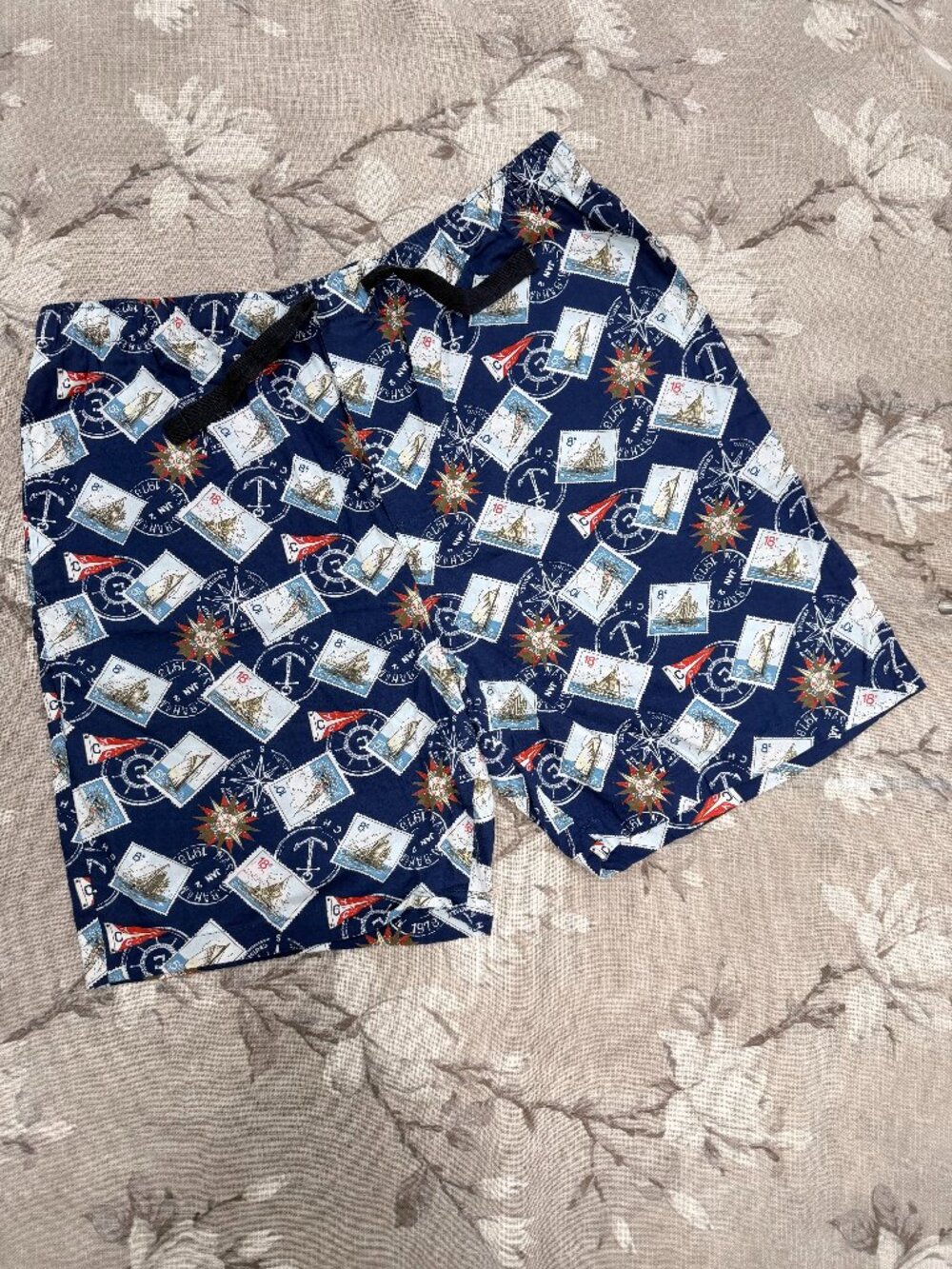Chaps XL 100% Cotton Nautical Sailboat Stamp Print Shorts Navy